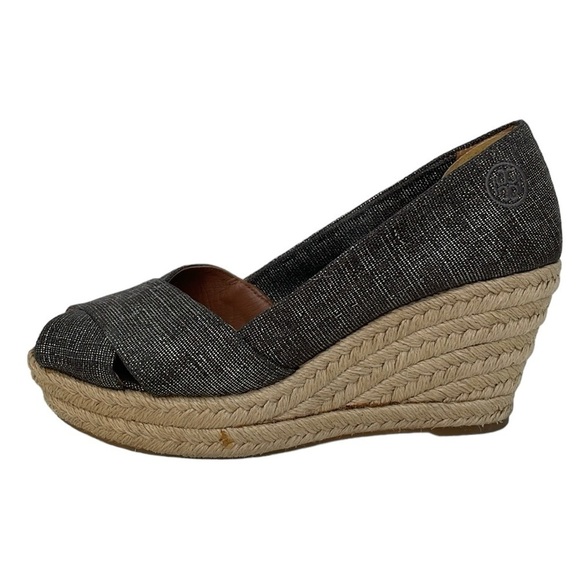 Tory Burch Wedge Women's 8.5 Grey Espadrille Open Toe Heels Spain - Picture 1 of 15